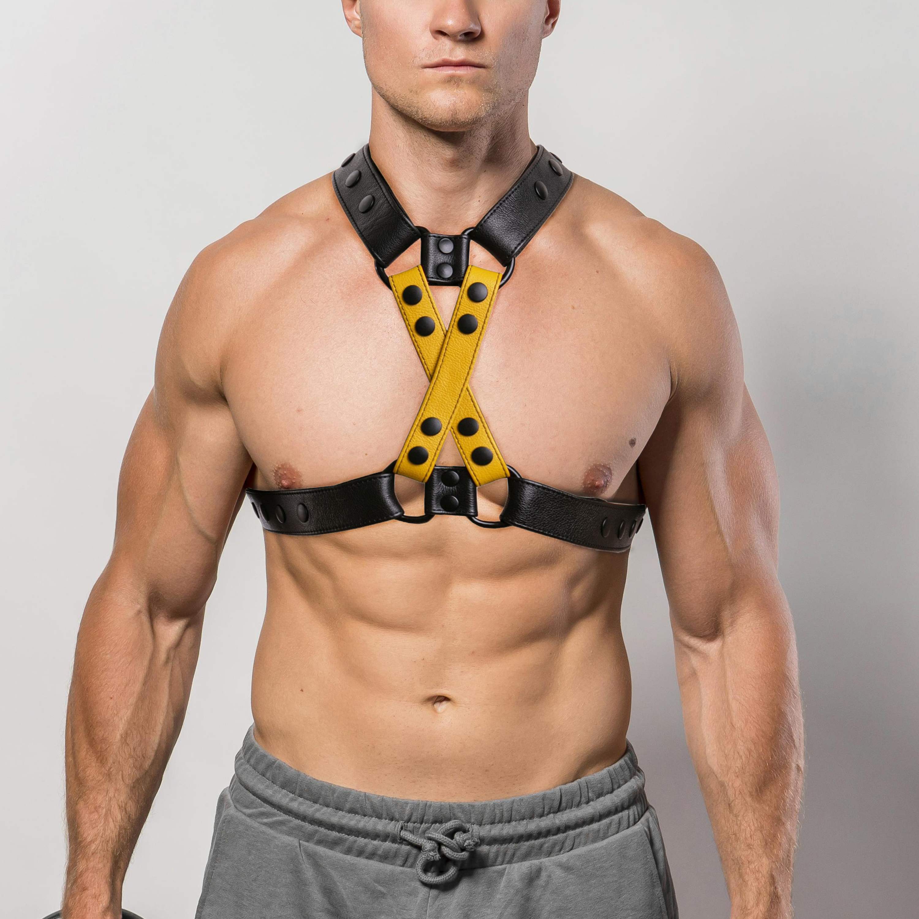 Mens Leather 4 style Chest Harness - Yellow