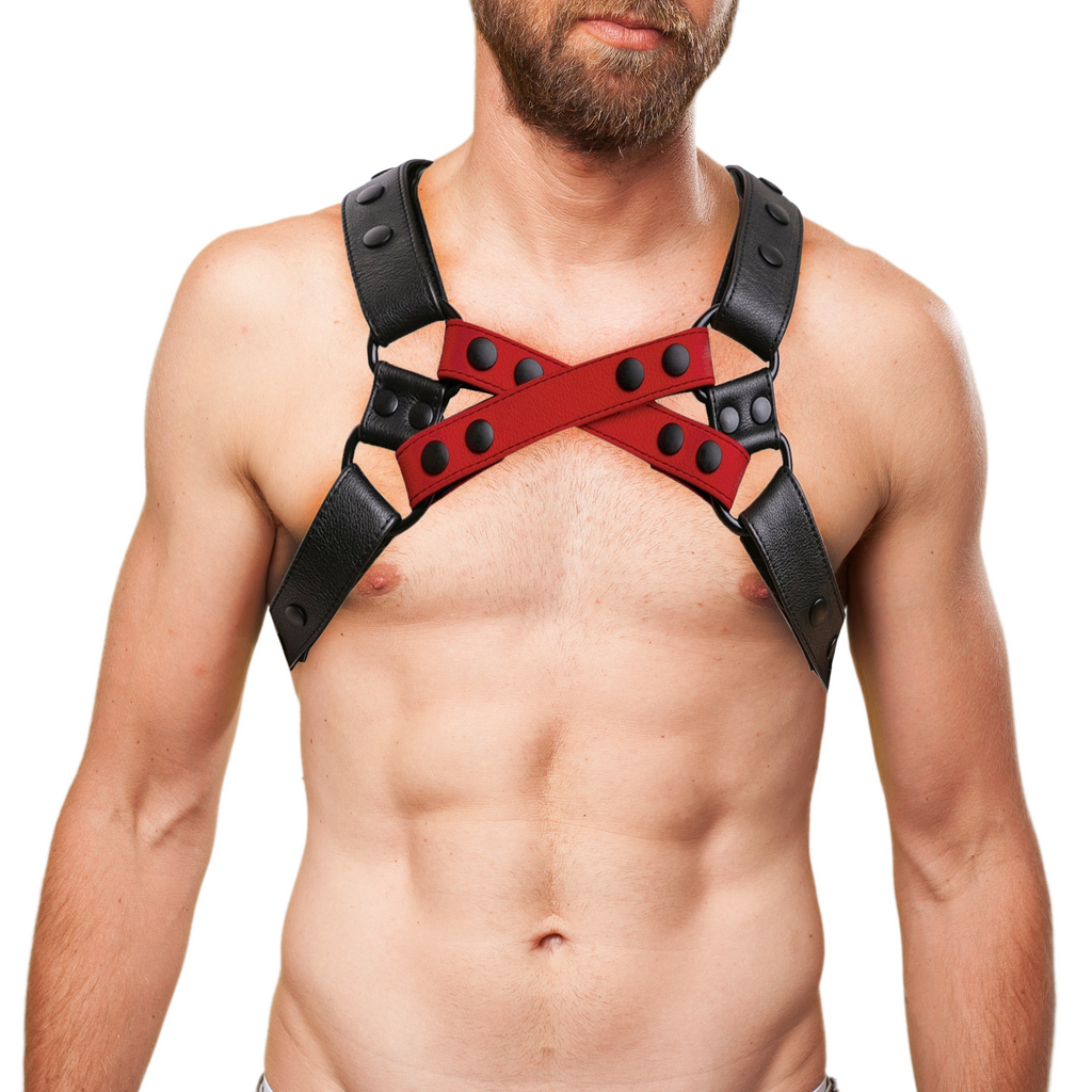 Mens Leather 4 style Chest Harness - Red