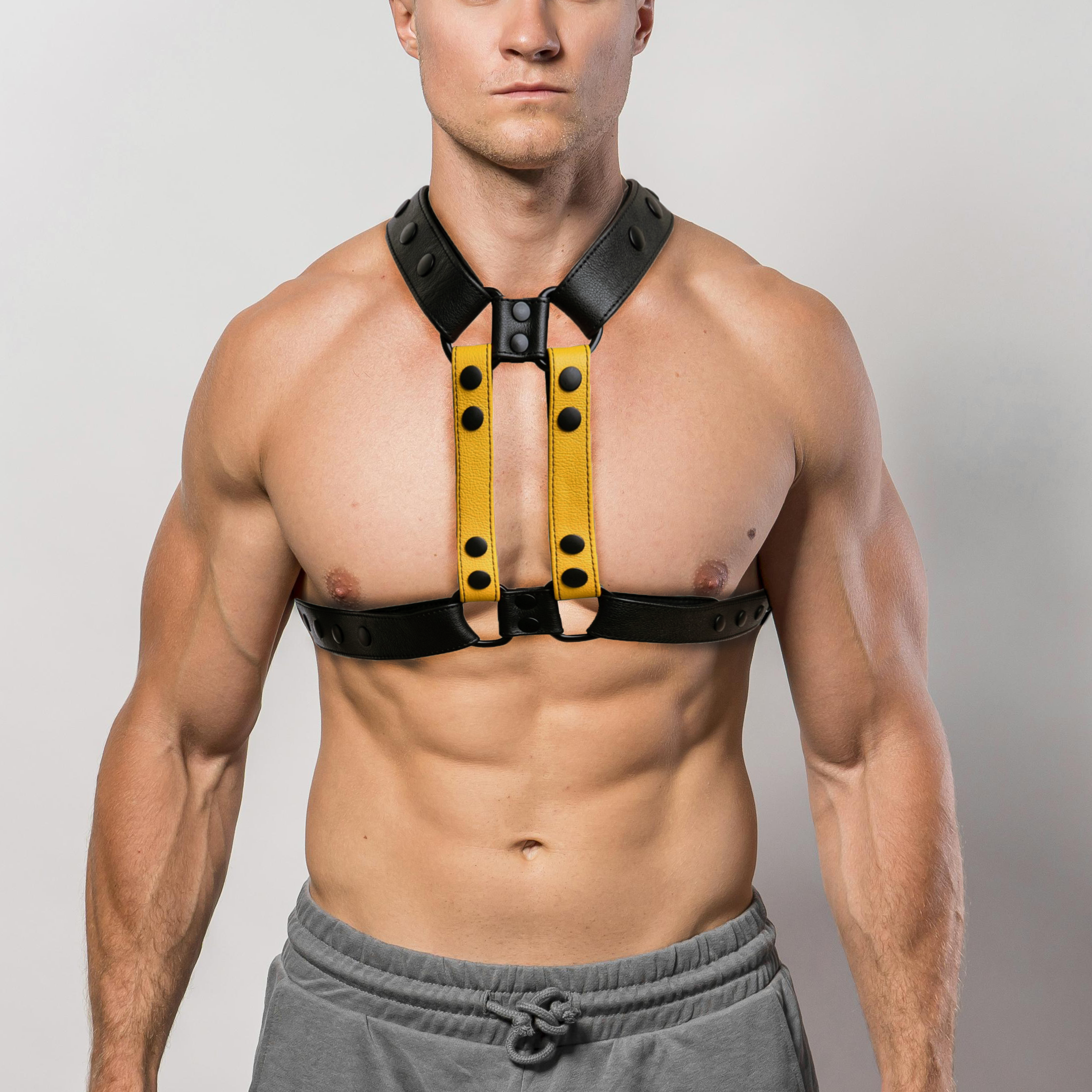 Mens Leather 4 style Chest Harness - Yellow