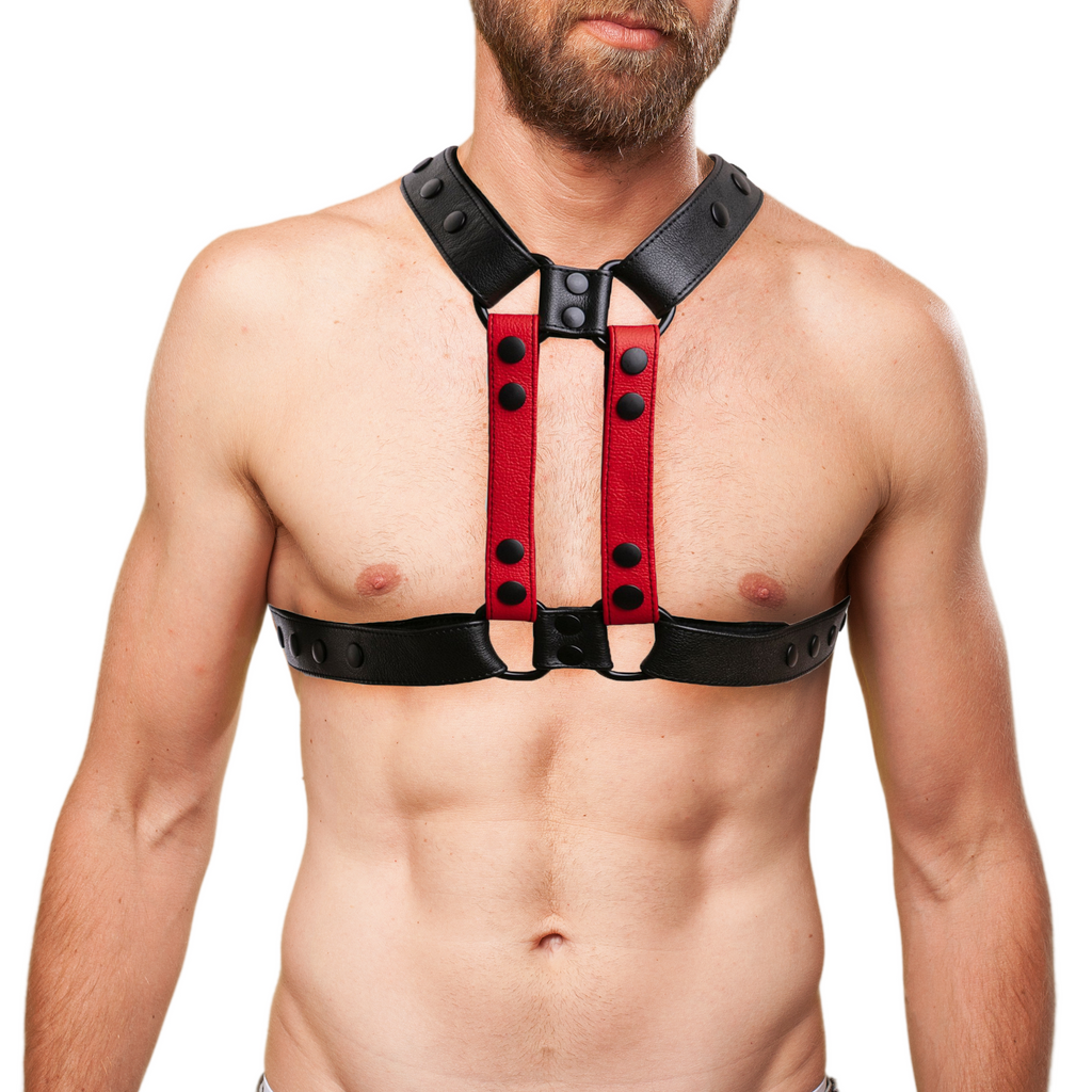 Mens Leather 4 style Chest Harness - Red