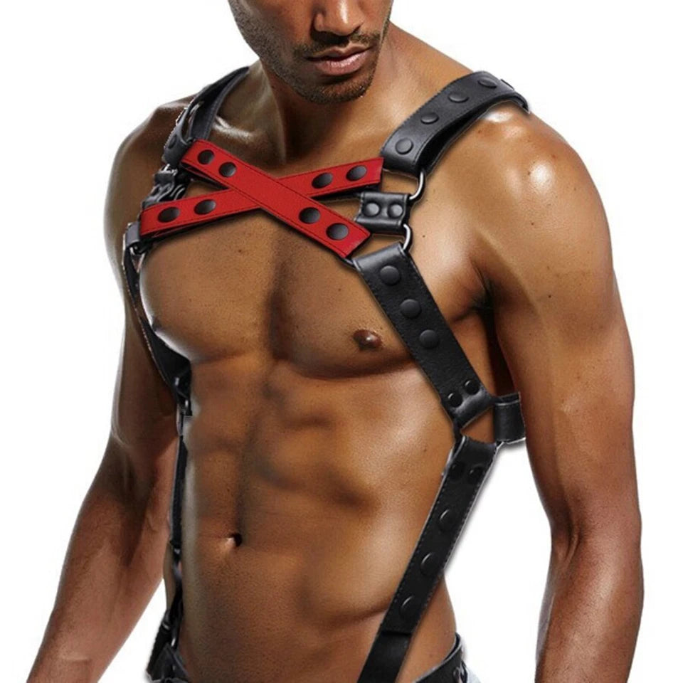 Mens Leather Bulldog Chest Harness - Red